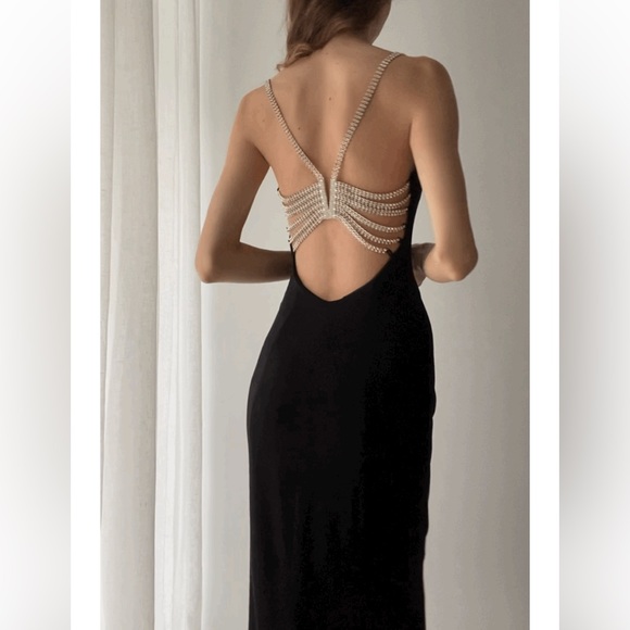 Vintage 90’s Dress Metal Diamond Rhinestone Backless Dress Maxi Black Slip Prom - Picture 9 of 17